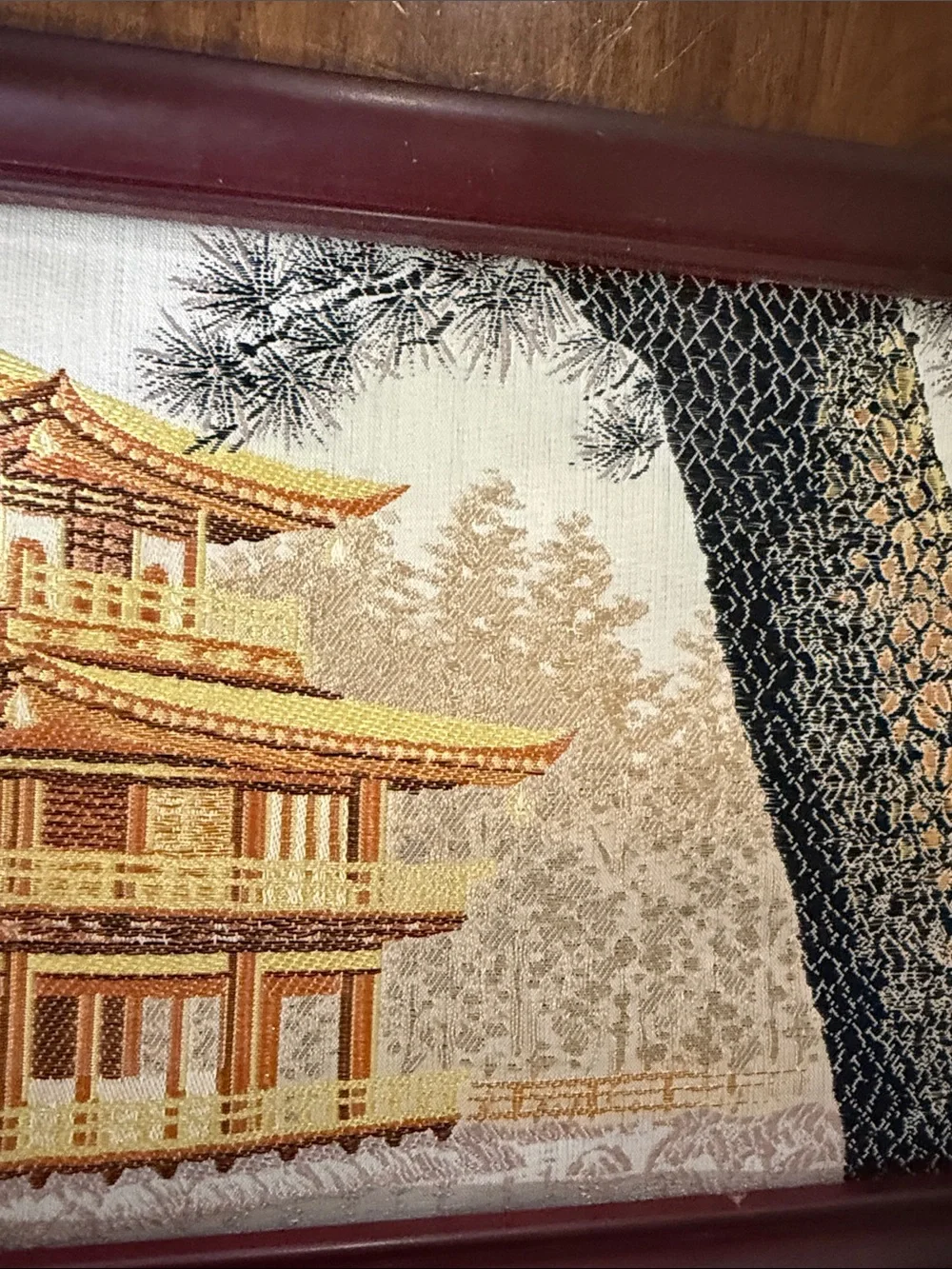 Framed Gold and Brown Pagoda Wall Art - Traditional Asian Temple silk cloth.